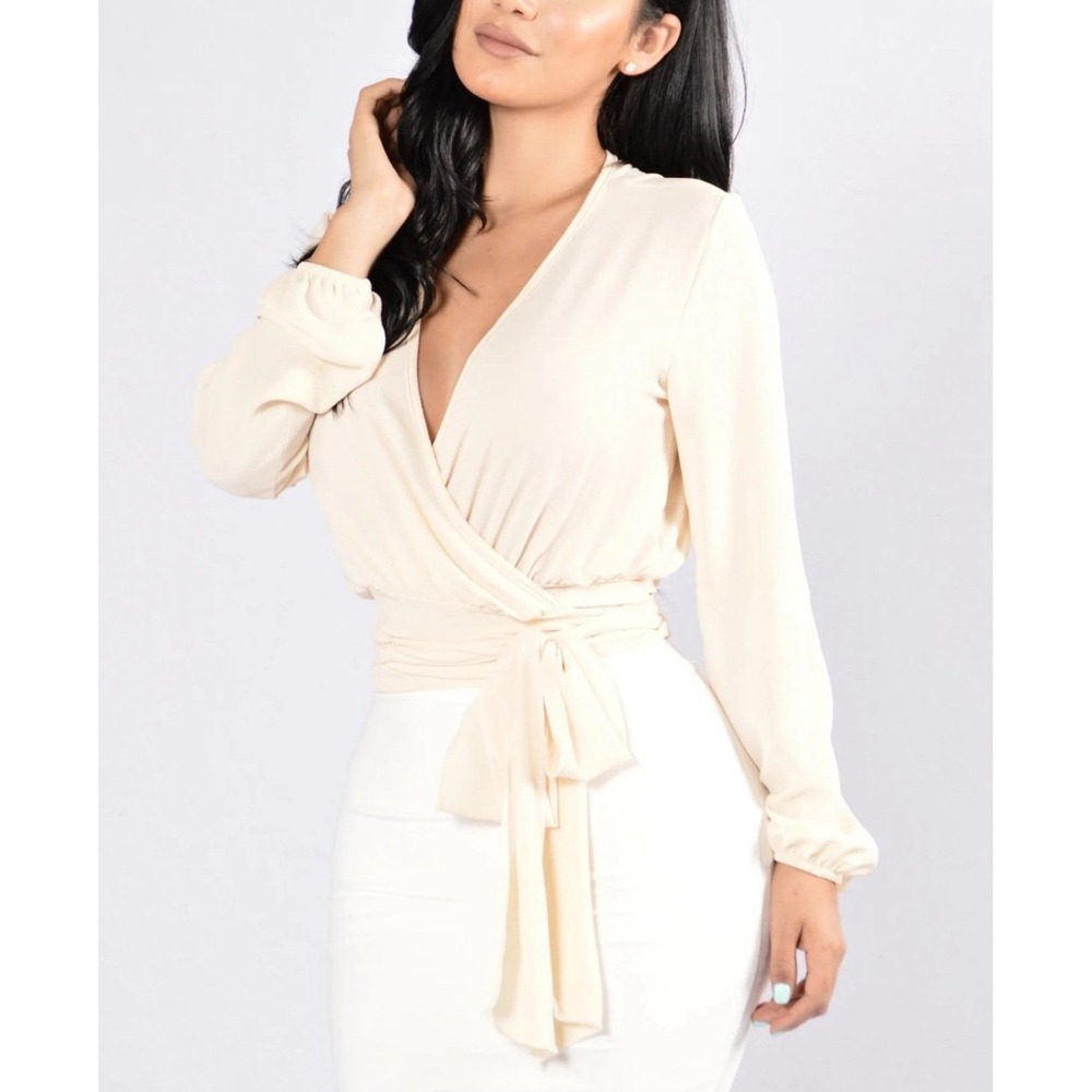 Fashion Nova Little White Lies Ivory Wrap Blouse Long Sleeve Top Size M